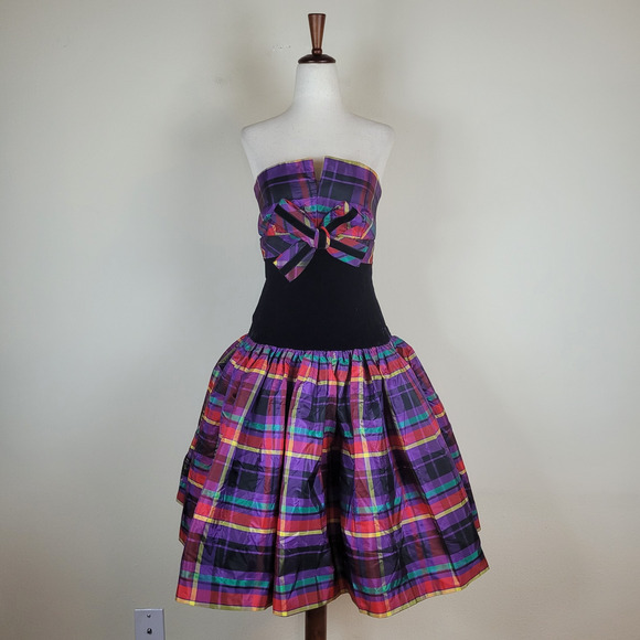 VTG Victor Costa Dress Womens 2 XS Velvet Plaid Strapless Bow Party Colorful 80s - Picture 2 of 13